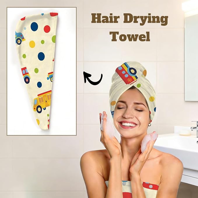 Women Bath Wrap Hair Towel Drying Cap Set Cartoon Colorful Trucks Cars Soft Absorbent Bathrobe Shower Wraps with Adjustable Closure Spa Bath Robe