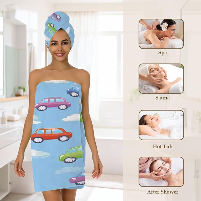 Women Bath Wrap Hair Towel Drying Cap Set Colored Cute Cars Clauds Soft Absorbent Bathrobe Shower Wraps with Adjustable Closure Spa Bath Robe