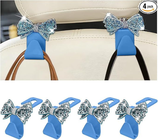 Zpana Bling Car Headreat Hook, 2PCS Crystal Rhinestone Cute Bow Vehicle Seat Back Hanger Storage for Purses Bags Grocery, Diamond Auto Rear Seat Organizer, Universal for SUV Truck Sedan (Light Blue)