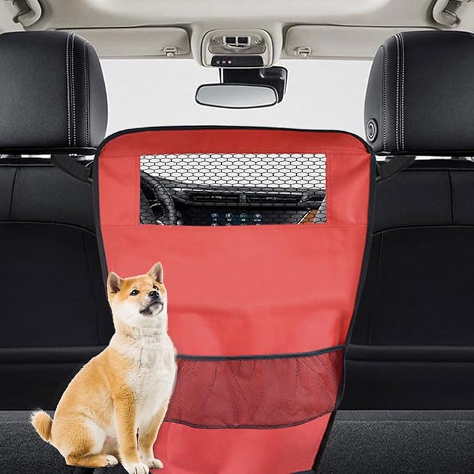 Dog Car Net Barrier Between Seats - Pet Barrier Vehicle Travel Dog Fence with Mesh Window for Safe Driving - Vehicle Divider Car Backseat Barrier Storage Bag for SUVs and Trucks (Red)