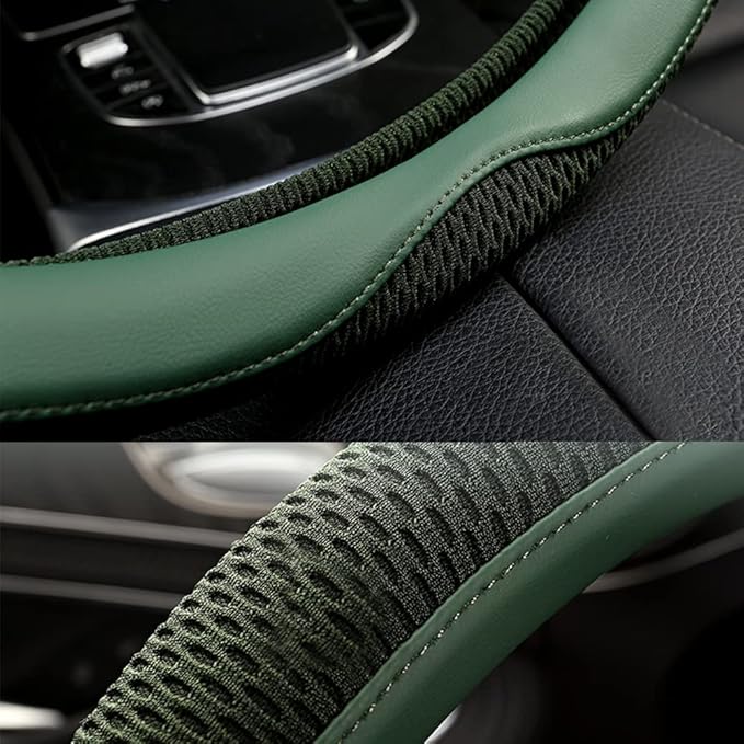 LKWLIKEI Car Steering Wheel Cover, Universal 15 inch, the Latest Microfiber Leather Breathable Technology Fabric, Non-Slip, Comfortable, Warm in Winter and Cool in Summer, Green