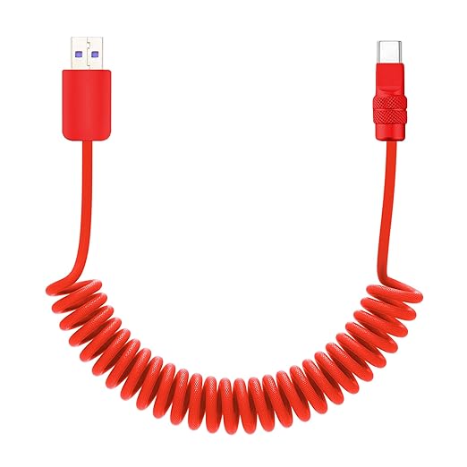 chubbycable Curly Chubby 120W Coiled USB C Fast Charging Cable Durable Braided Charger Cord for Car Compatible with iPhone 17-15 Series iPad, Red+Red, USB-A to Type-C, 2.13FT-6.56FT