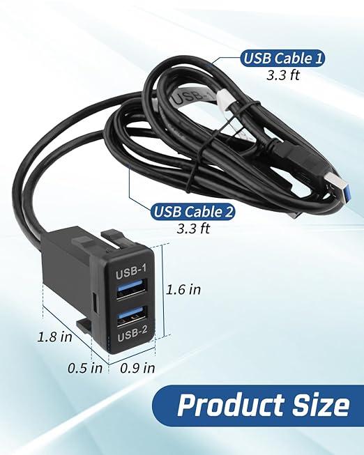 Dual USB 3.0 Car Dash Flush Mount Extension Cable, Length 3.3FT (1M) Fit for Toyota, Size 1.6”x0.9”x2.3” (Type B)
