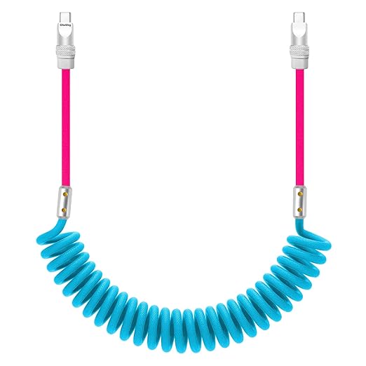 chubbycable Curly Chubby 240W Coiled USB C Cable Retractable Fast Charging Cable for Car Charger Cord Compatible with iPhone 17-15 Series, Light Blue and Pink, Type-C to Type-C, 2.29FT-3.6FT