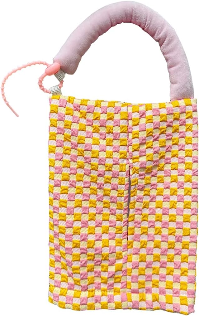 Car Tissue Holder, Checkered Pattern Car Backseat Napkin Holder, Rectangular Canvas Hanging Auto Tissues Box, Universal Vehicle Storage Organizer Accessory for Phone, Small Items (Pink)