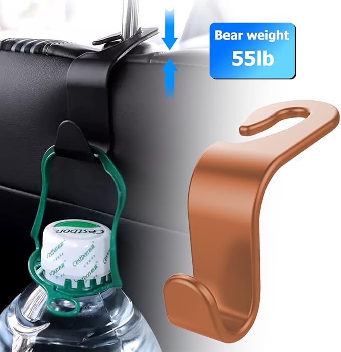 8sanlione Car Back Seat Headrest Hooks, 4PCS Vehicle Backseat Storage Organizer Hanger, Multifunctional Auto Headrest Hidden Hook Universal for Handbag Purse Backpacks Bags and Groceries (Brown)