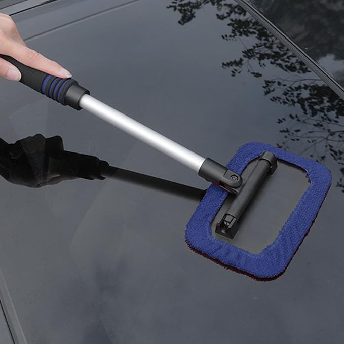 HZEL Car Windshield Cleaner Tool with Extendable Handle, Vehicle Glass Wiper Window Cleaning Tool with 2 Reusable Microfiber Pad, Auto Windscreen Detailing Cleaner Kit, Universal Fit (Square Blue)