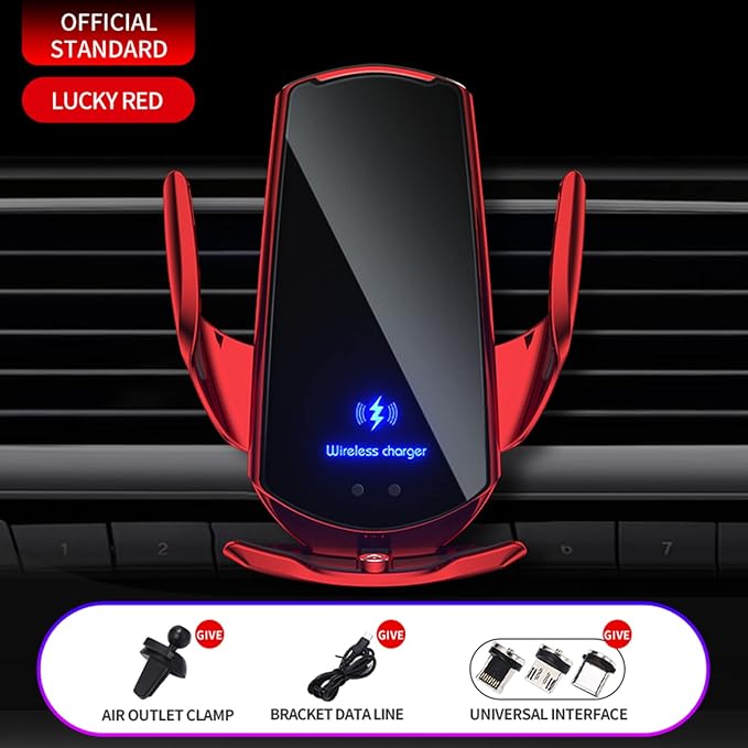 Wireless Car Charger Automotive Electric Induction 15W Wireless Charger Car Vent Mount Bracket Fast Charging Auto-Clamping Car Phone Holder Mount Air Vent Phone Holde (Red)