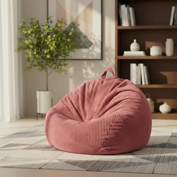 ZhenLives Stuffed Animal Storage Bean Bag Chair Cover, Cover Only (No Filler), Corduroy Toy Organizer Floor Cushion Seat, 48 in/120 cm Slipcover for Teens & Adults, Pink
