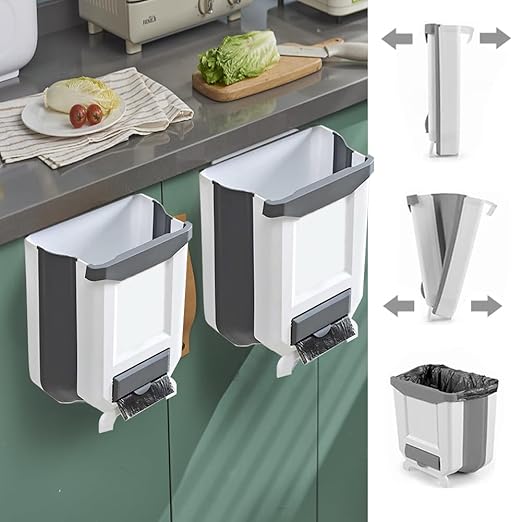 2 Pack Kitchen Trash Can, Foldable Trash Can for Kitchen, Collapsible Hang Small Plastic Garbage Can 2.4 Gallon for Cabinet/Car/Bedroom/Bathroom/Office (White, 2PC)