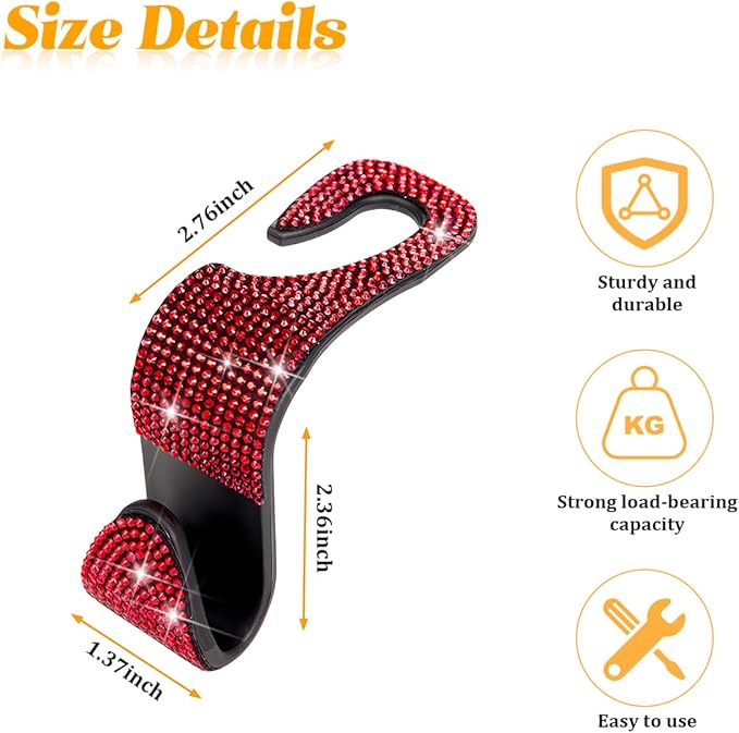 4PCS Bling Car Seat Headrest Hooks, Crystal Rhinestone Vehicle Purse Handbag Coat Hangers Holder, Automotive Interior Storage Organizer Accessories for Women Girls, Universal Fit (Red)