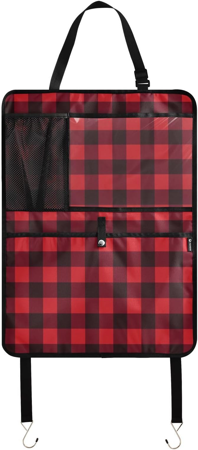 2 Pack Back Seat Car Organizer with Storage Pockets Kick Mats Back Seat Protector Hanging Car Organizer Automotive Seat Back Cover Organizers Red and Black Buffalo Plaid