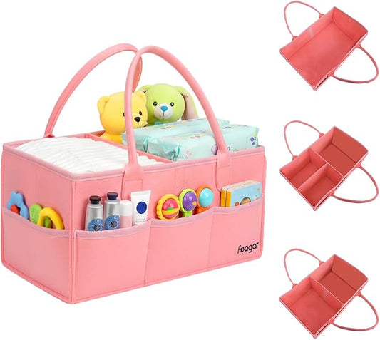 Feagar Baby Diaper Caddy Organizer, 15 Inch Large with 8 Pockets & 2 Dividers, Portable Nursery Storage Basket & Car Organizer for Changing Table, Travel (Pink)
