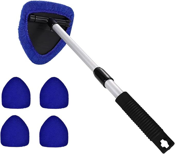 Windshield Cleaning Tool, Car Window Cleaner, Windshield Cleaner with 4 Washable Reusable Microfiber Pads and Extendable Handle, Auto Glass Wiper Cleaning Kit Universal for Car (Blue)