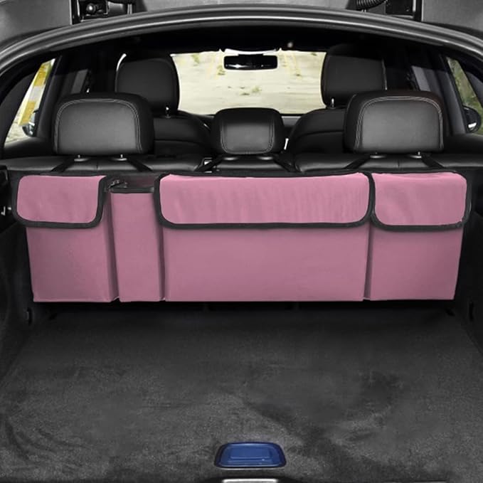 Car Trunk Organizer, Collapsible Large Capacity Auto Backseat Hanging Storage Bag with Adjustable Strap & 4 Pockets, Space Saving Car Back Seat Cargo Bag, Universal for Vehicles (Pink)