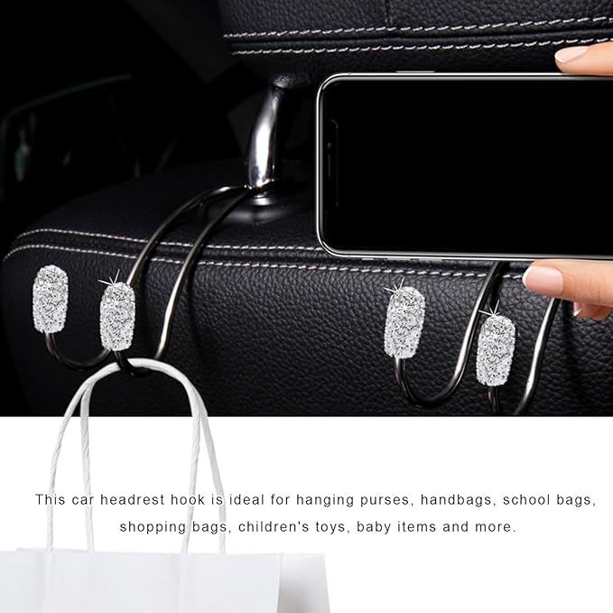 2PCS Car Headrest Hook, Bling Diamond Auto Hooks Stainless Steel Backseat Hangers, Universal Rhinestone Cute Seat Back Organizer Hanger for Purse Bag Clothes, Car Accessories (Pink)