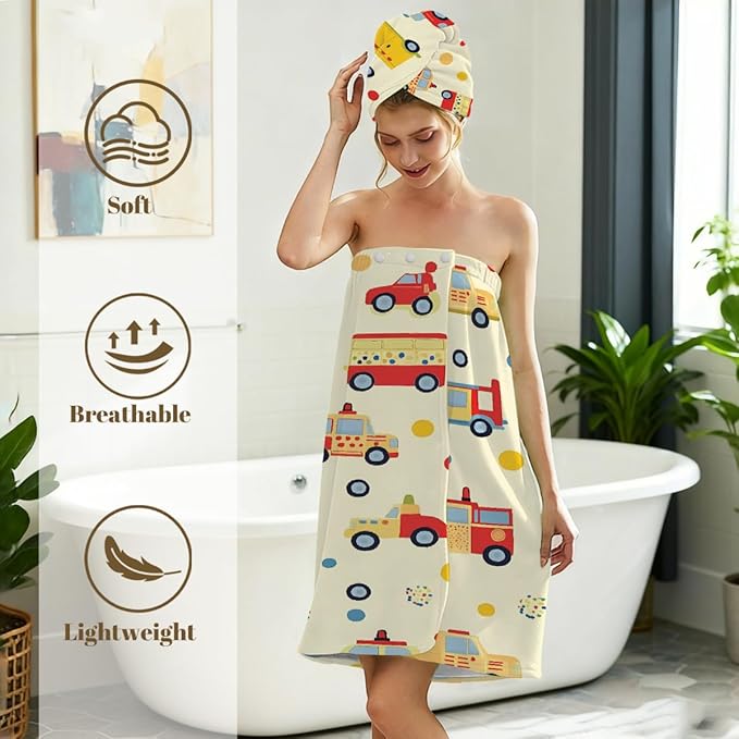 Women Bath Wrap Hair Towel Drying Cap Set Colorful Cars Bus Polka Dot Soft Absorbent Bathrobe Shower Wraps with Adjustable Closure Spa Bath Robe