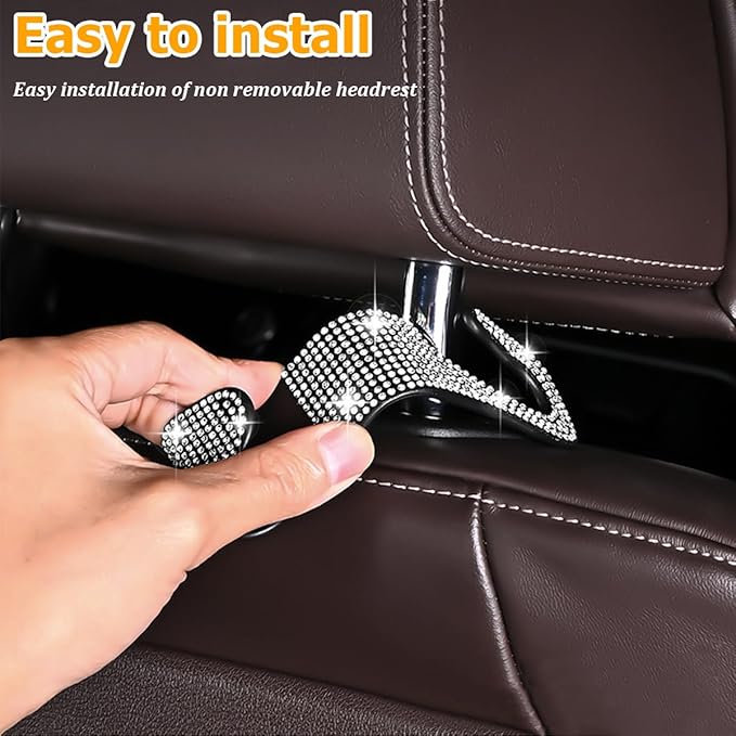 Zpana 4PCS Bling Car Seat Headrest Hooks, Vehicle Back Seat Purse Handbag Hanging Holder with Crystal Rhinestone, Diamond Storage Organizer Hook, Universal Automotive Accessories (Black/White)