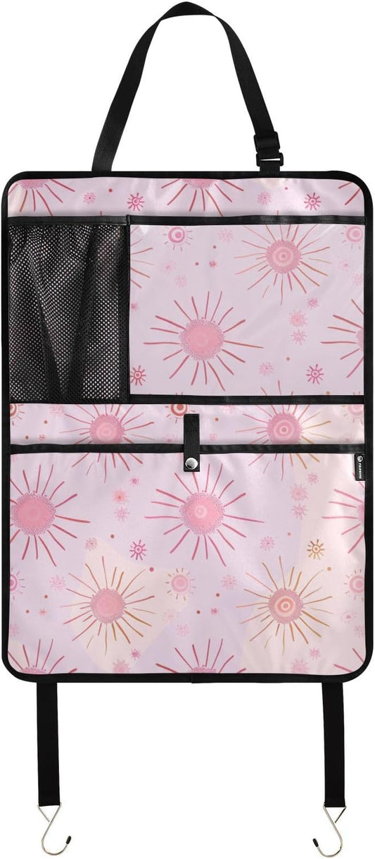 JIPONI Car Backseat Organizer, Pink Suns Automotive Back Seat Protector, Kick Mats with Storage Pockets for Kids Pets, Road Trip Accessories