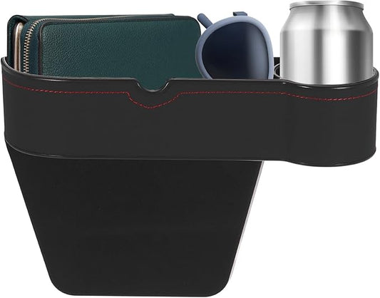 HARFINGTON Car Seat Gap Filler Organizer 10.6 x 7.1 x 2.8 Inch ABS+Leather Universal Car Organizer Storage Box Between Seat and Console (Right) with Cup Holders for Phone Keys, Black