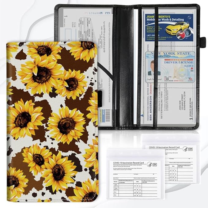 Car Registration and Insurance Card Holder, Vehicle License Documents Glove Box Compartment Organizer Wallet, ID Card Holder for Car Essentials Automobile, Leopard Sunflower Western