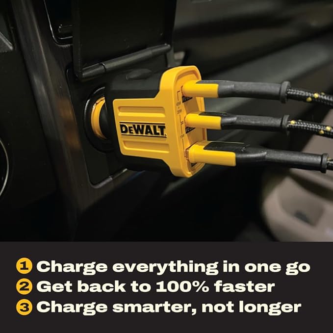 DEWALT 65W PD 3-Port Car Charger – USB-C PPS Fast Charging Adapter for Laptops, Phones & Tablets, Dual USB-C + USB-A Ports, 65W Total Output for Efficient Type C + USB Multi-Device Charging On The Go
