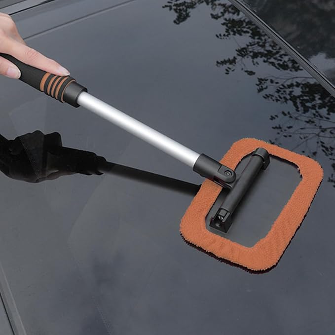 HZEL Car Windshield Cleaner Tool with Extendable Handle, Vehicle Glass Wiper Window Cleaning Tool with 2 Reusable Microfiber Pad, Auto Windscreen Detailing Cleaner Kit, Universal Fit (Square Orange)