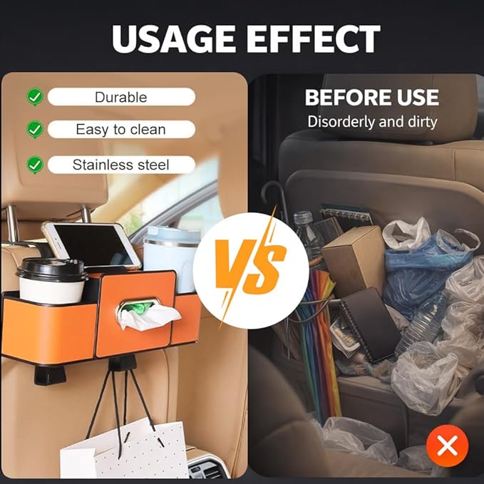 3-in-1 Backseat Car Organizer with Dual Cup Holders,Tissue Box & Phone Holder, 2026 Upgraded Car Seat Back Storage Box,Multifunctional Waterproof Storage for Daily Driving & Travel,Orange