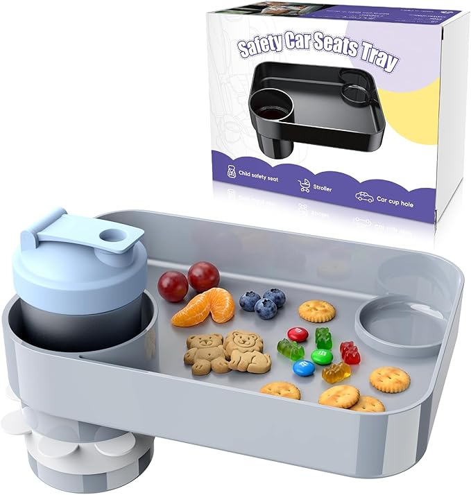 Kids Car Travel Tray Square for Kids Car Seat Snacks Trays, Car Seat Tray with Cup Holders for Toddler, Stroller, Tesla Travel Must Have (2Pcs gray)