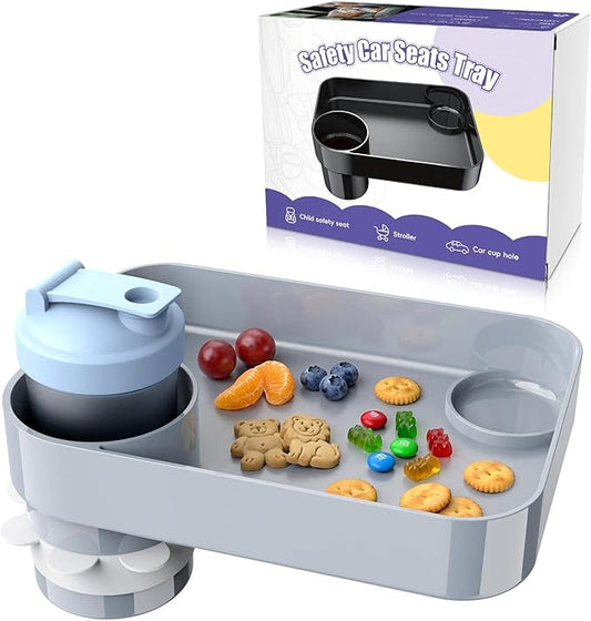 Car Seat Snack Tray for Kids, Square Car Seat Cup Holder Snack Tray with Adjustable Base, Durable CarSeat Tray for Toddlers, Universal Fit for Tesla, Safety Seats, Car Center Consoles (Gray)