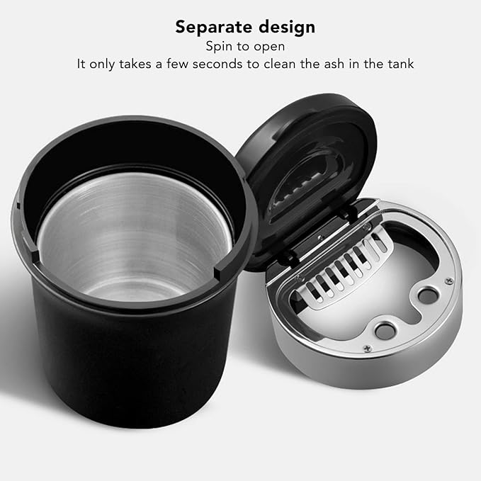 Fdit Portable Car Ashtray for Vehicles, Mini Car Trash Can with Detachable Lid, Detachable Ash Tray Stainless Steel Inside for Outdoor Travel, Home Use (Black Silver)