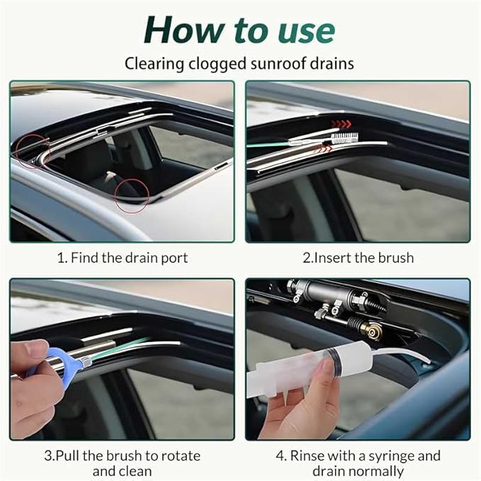 Auto Sunroof Cleaning Tool, 3Pcs 120 Inch Long Flexible Pipe Brush,3 Pcs 7.9 Inch Tube Cleaner Brush Perfect for Car Sunroof, Windshield Wiper Drain Hole