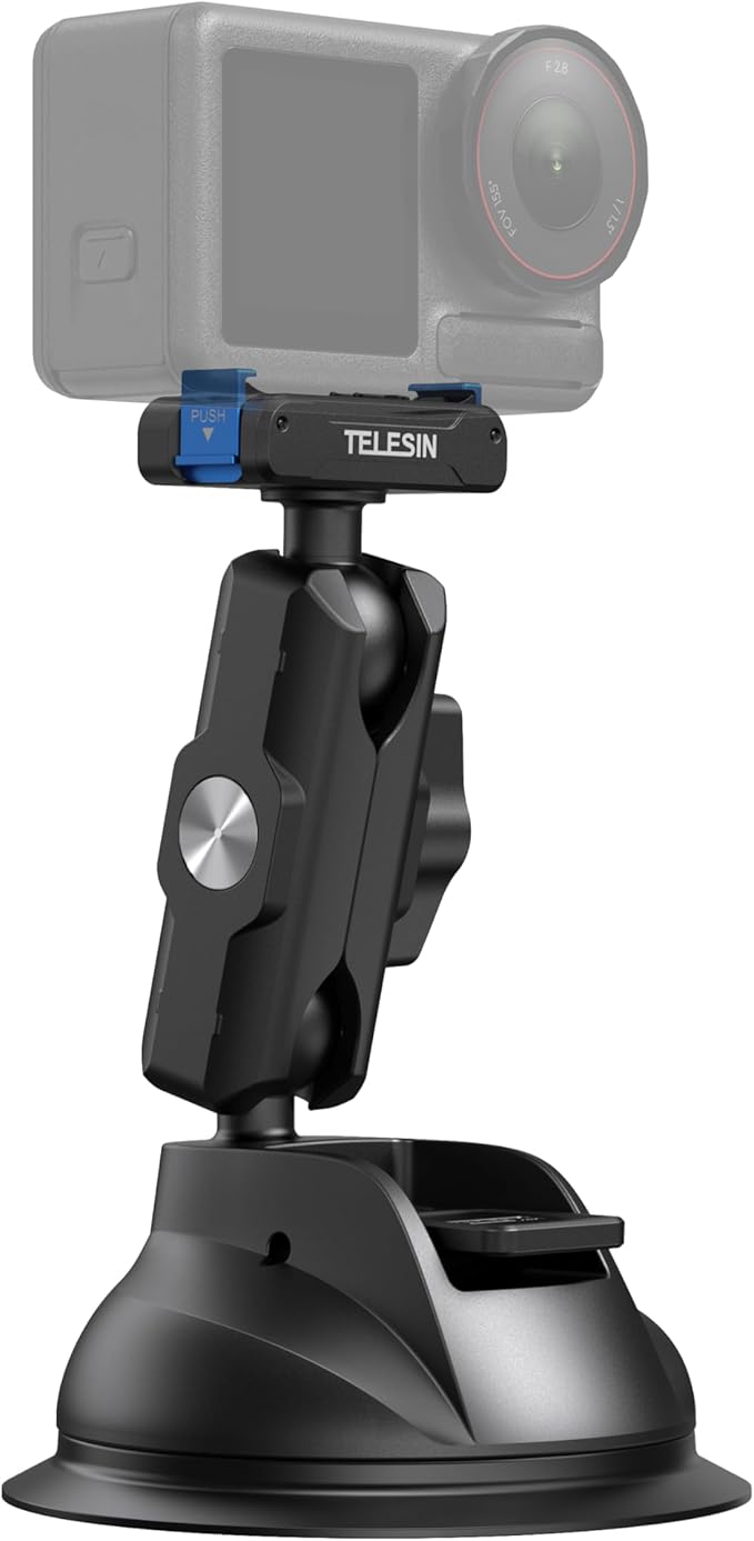 TELESIN Suction Cup Car Mount for DJI Action 6 5 pro/4/3 – Strong Magnetic Base, 360° Adjustable Dual Ball Head, Quick Release Camera Mount for Windshield, Dashboard & Smooth Surfaces