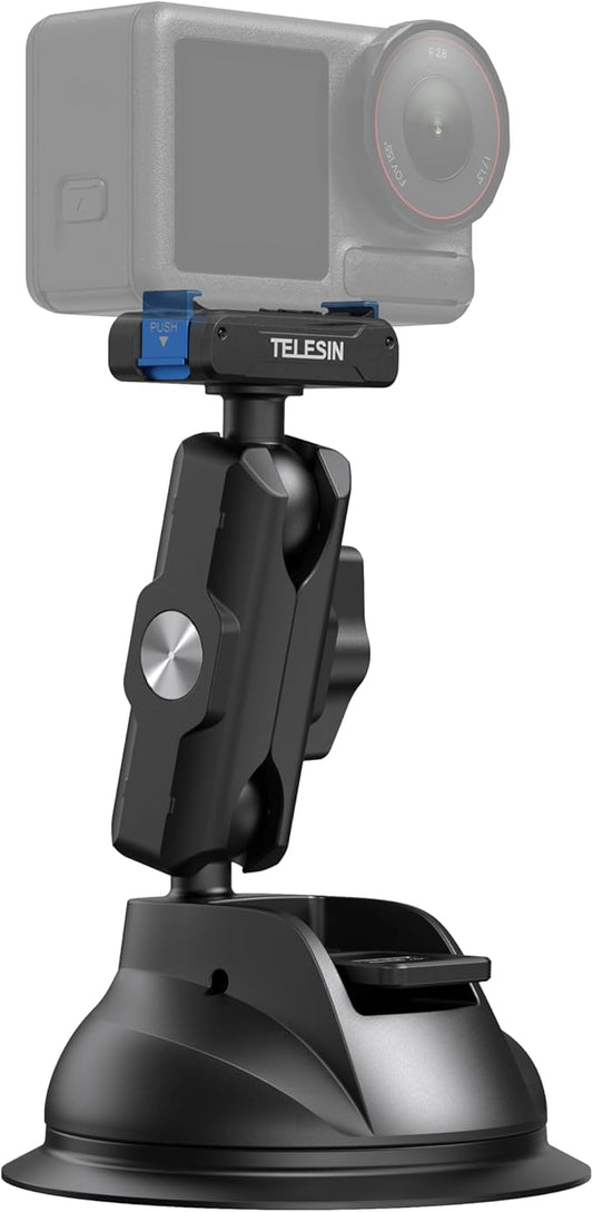 TELESIN Suction Cup Car Mount for DJI Action 6 5 pro/4/3 – Strong Magnetic Base, 360° Adjustable Dual Ball Head, Quick Release Camera Mount for Windshield, Dashboard & Smooth Surfaces