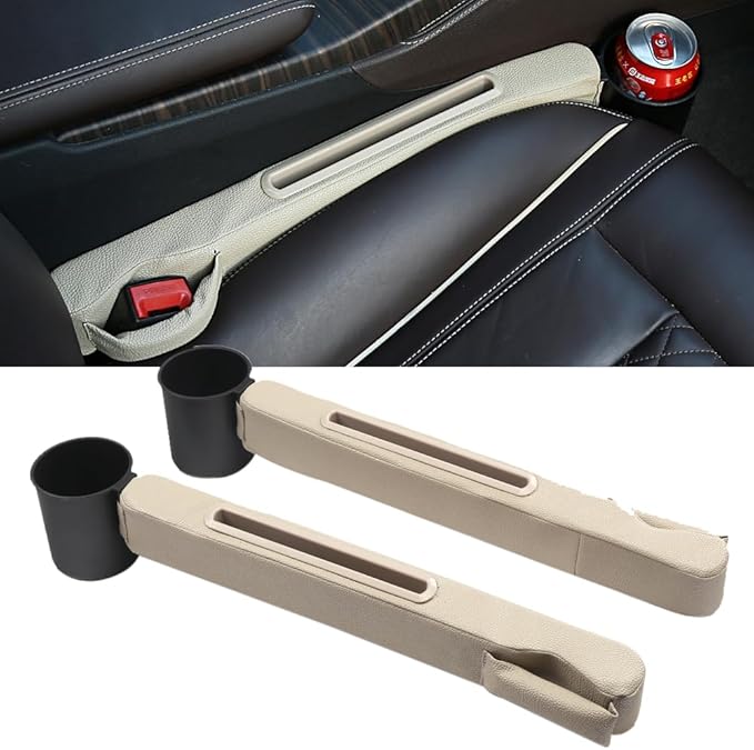 Car Seat Gap Filler 2 Pack,Car Seat Gap Filler Organizer,Car Seat Gap Plug with Storage Slot,3 in 1 Car Seat Gap Filler with Cup Holder,Prevent Small Items from Falling(Beige)