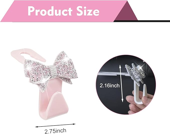 2 PCS Bling Car Seat Headrest Hooks, Crystal Rhinestone Bow Vehicle Hooks for Purses and Bags, Automotive Purse Hook Hanger, Universal Diamond Car Rear Seat Organizer (Pink)