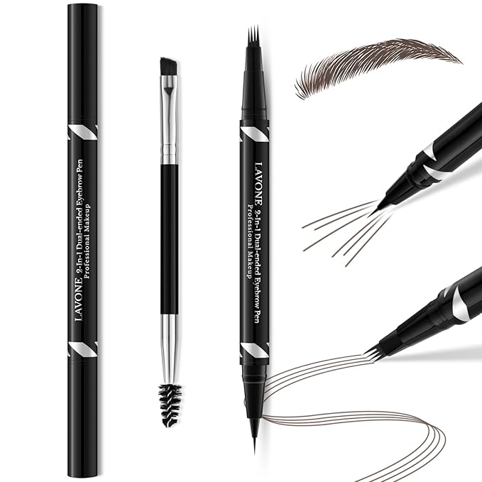 LAVONE 2-IN-1 Dual-ended Waterproof Eyebrow Pencil, with 4 Tip Microblading Pen and Ultra-Precise Brow Pencil, Dual-ended Eyebrow Brush, for Natural Looking - Black Brown