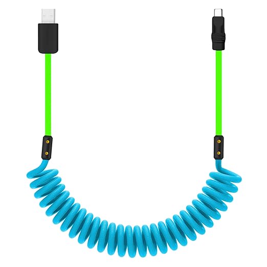 chubbycable Curly Chubby 120W Coiled USB C Cable Retractable Fast Charging Cable for Car Charger Cord Compatible with iPhone 17-15 Series, Blue+Green, USB-A to Type-C, 2.29FT-3.6FT