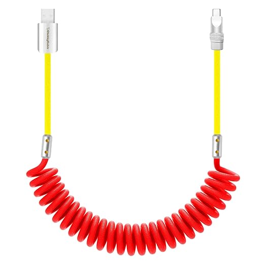 chubbycable Curly Chubby 120W Coiled USB C Cable Retractable Fast Charging Cable for Car Charger Cord Compatible with iPhone 17-15 Series, Red+Yellow, USB-A to Type-C, 2.29FT-3.6FT