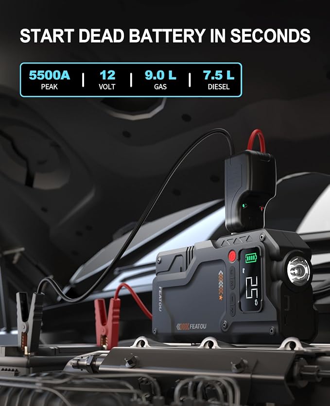 Jump Starter with Air Compressor, 5 in 1 Functional Jump Box 5500A Peak Power Pack with 150PSI Digital Tire Inflator, Portable Car Charger Jumper for 9.0L Gas or 7.5L Diesel