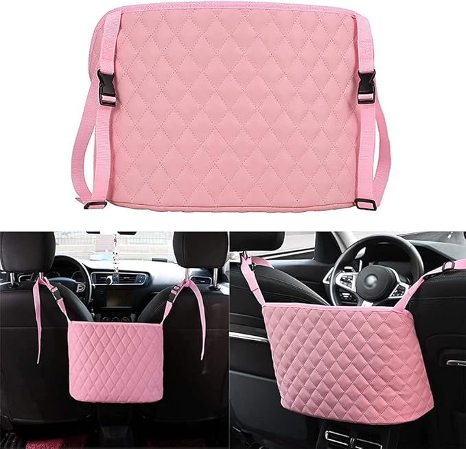 Pink Handbag Holder for Car,Durable Pu Leather Car Organizer Back Seat Net Bag Driver Storage Netting Pouch Seat Back Net Bag Backseat Pet Kids Barrier