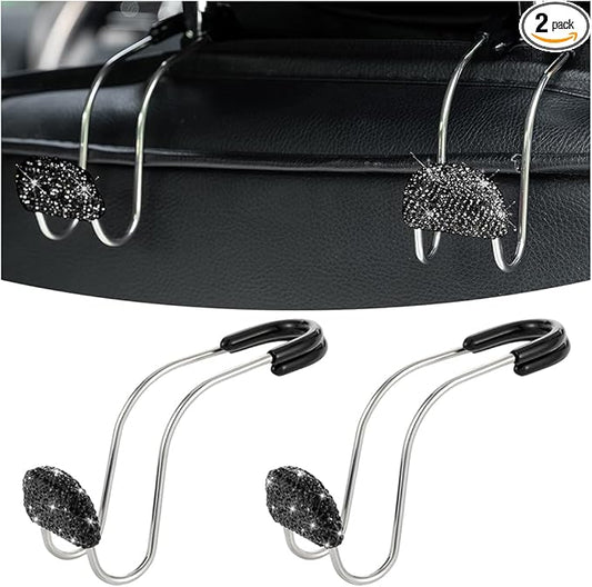 AUCELI Car Headrest Hook, 2 Pack Bling Backseat Organizer Hanger for Purse Clothes Grocery Bag, Rhinestones Auto Headrest Storage Holder, Universal Car Seat Accessories for Most Vehicle (Black)