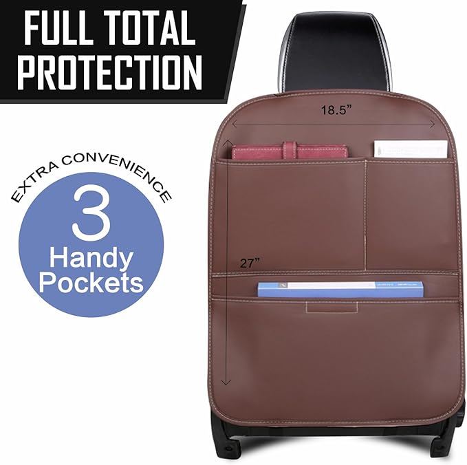 SUTSU Kick Mat Back Seat Protector， Waterproof Leather Car Seat Back Organizers Cover with 3 Storage Pockets for Kids Pets SUV Sedan Minivan Truck Car Travel Accessories (Coffee 2-pack)