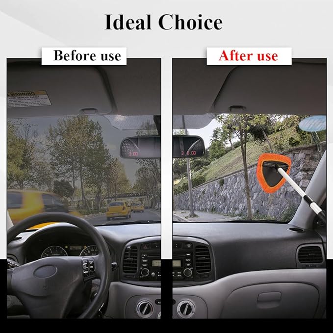 Windshield Cleaning Tool, Car Window Cleaner, Windshield Cleaner with 4 Washable Reusable Microfiber Pads and Extendable Handle, Auto Glass Wiper Cleaning Kit Universal for Car (Orange)