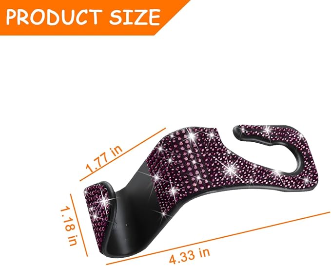 Mandark 4PCS Bling Car Seat Headrest Hooks, Crystal Rhinestone Vehicle Seat Back Hanger for Grocery Purses Handbags, Diamond Auto Seatback Storage Organizer Hanger, Universal for Most Cars (Purple)
