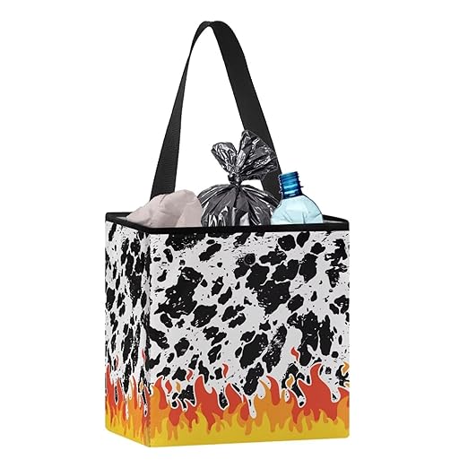 2 Gallons Open-Top Car Trash Can Hanging Car Trash Bag Water Resistant Leakproof Trash Bag Car Accessories for Women Men, Cow Spot Fire Pattern