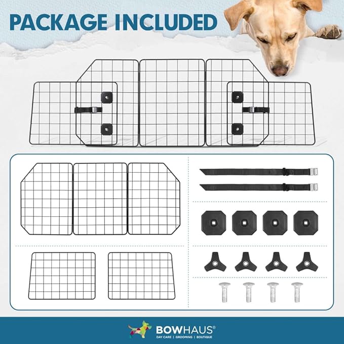 BOWHAUS Dog Car Barrier, Dog Divider for SUVs, Trucks, Vehicles, Heavy-Duty Wire Mesh Adjustable & Foldable Pet Barrier for Cargo Area, Car Safety Accessories, Hardware Included