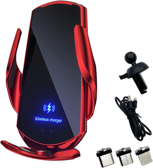 Wireless Car Charger Automotive Electric Induction 15W Wireless Charger Car Vent Mount Bracket Fast Charging Auto-Clamping Car Phone Holder Mount Air Vent Phone Holde (Red)
