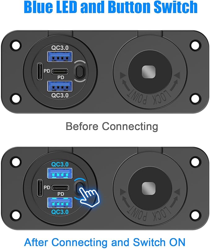 4 Port 12V USB Outlet Marine Switch Panel 12 Volt Plug, Dual PD30W and Dual QC18W USB Ports Car Charger with Switch, Waterproof 150W Cigarette Lighter Socket 2 in 1 DIY Kit for Car Marine Boat RV ATV