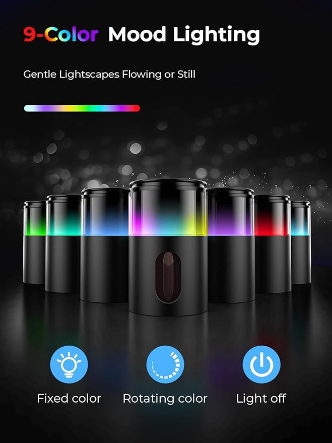 Waterless Diffuser for Essential Oil: Mini Battery Scent Diffuser for Room&Home&Car with 9 Colors LED Light - Aroma Cool Mist Machine Charcoal Black